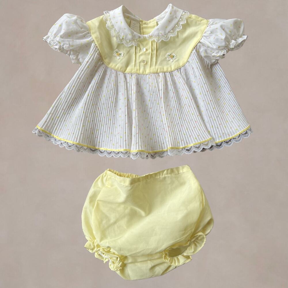 Vintage 80s Baby Bloomer Set Yellow Lace Cradle Togs Infant Outfit 6-12 Months